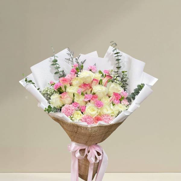 ช่อดอกไม้ช่อใหญ่ กุหลาบขาว+ชมพู+ผสมคาเนชั่น