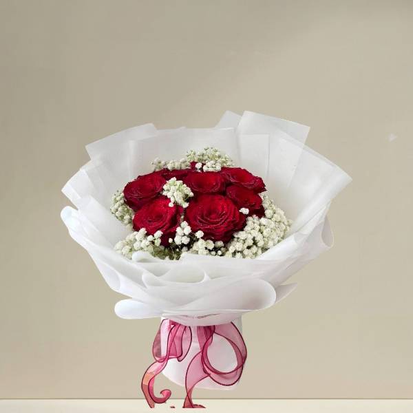 ช่อดอกไม้ (Red rose) กุหลาบแดงห่อกระดาษสีขาวทรงกลม น่ารักๆ