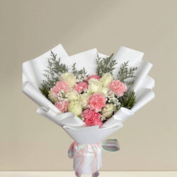 ช่อดอกไม้ (White rose +Carnation) กุหลาบขาว ผสมคาเนชั่นสีชมพู