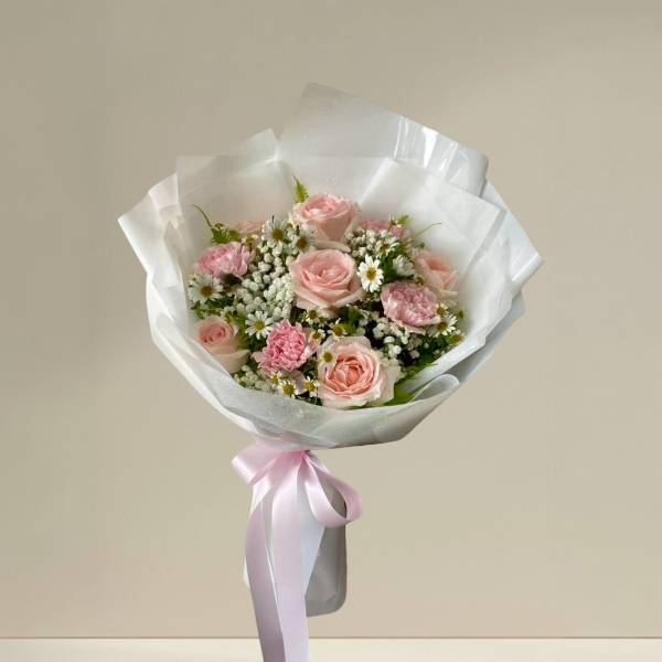 ช่อดอกไม้ (Pink rose + Carnation )กุหลาบชมพู +ดอกคาเนชั่นชมพู