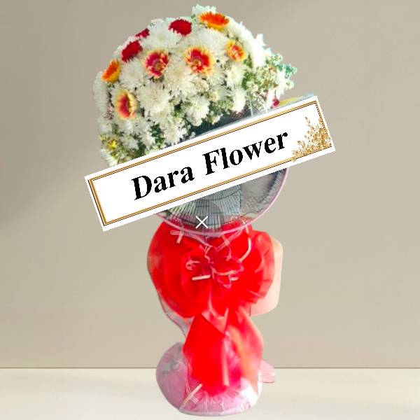 พวงหรีดพัดลม (ตั้งพื้น)จัดดอกไม้ครึ่งวง (บน)